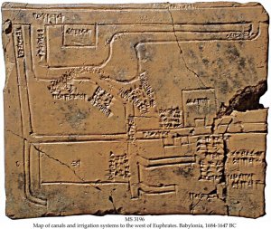 MAP OF CANALS AND IRRIGATION SYSTEMS TO THE WEST OF EUPHRATES, NAMING BESIDES EUPHRATES, THE NABIUM CANAL, DADI CANAL, AMMAMA CANAL AND MUSAHHIRUM, IN THE NIRU DISTRICT, WITH 7 CAPTIONS GIVING LENGTHS, WIDTHS AND DEPTHS OF THE CANALS AND THE VOLUMES TO BE